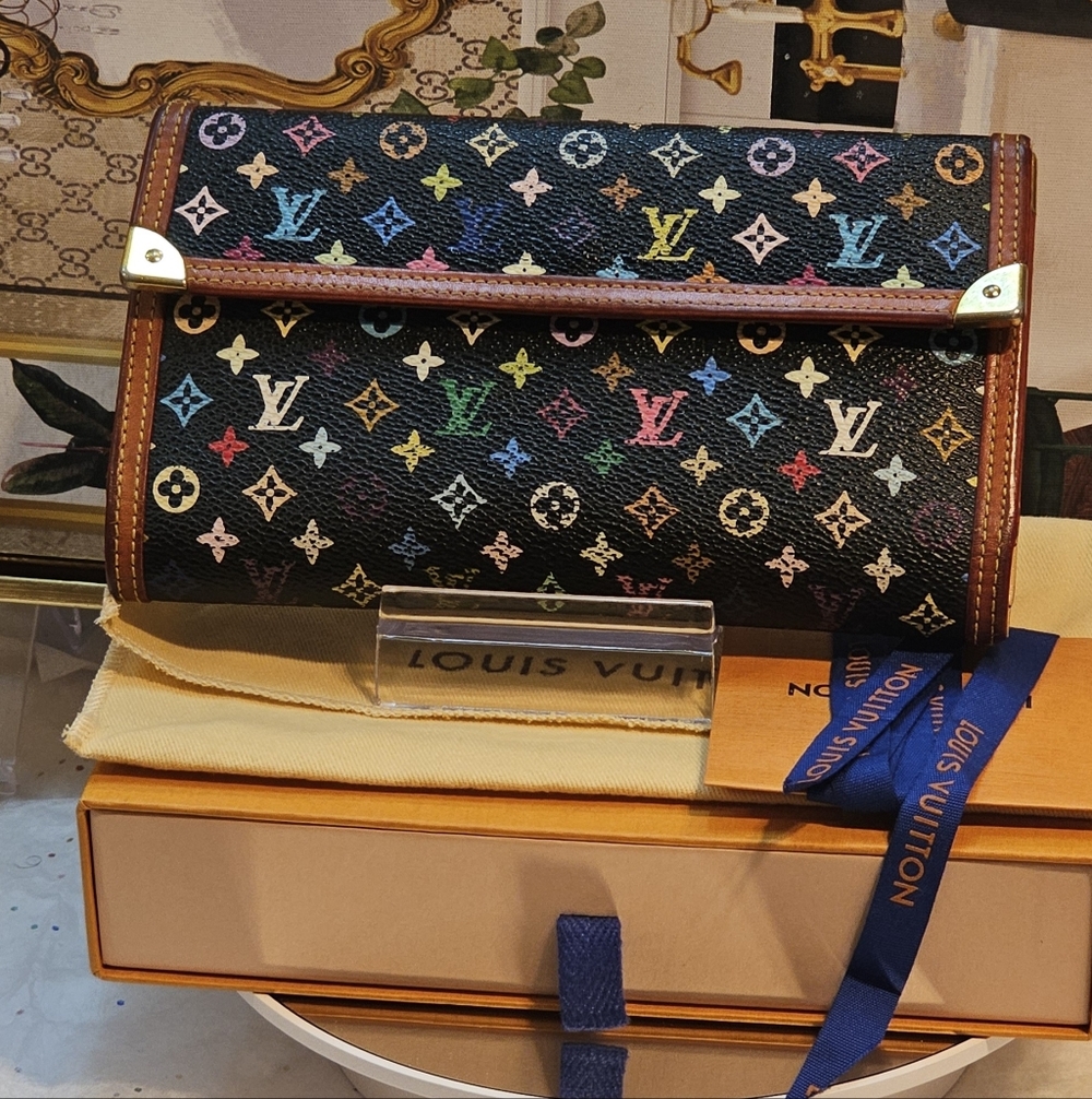Authentic Louis Vuitton Murakami MultiColor Canvas Wallet Box, Dust Bag & Ribbon